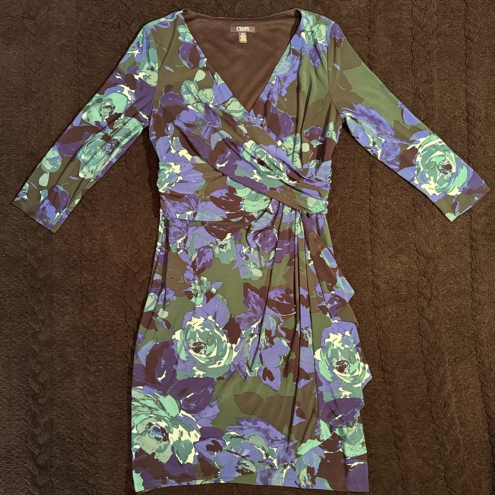 Chaps faux wrap dress with dark blue and green floral print. Size L.